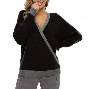 Amazon Waffle Knit Long Sleeve Faux Wrap Top in Black & Gray - Size S